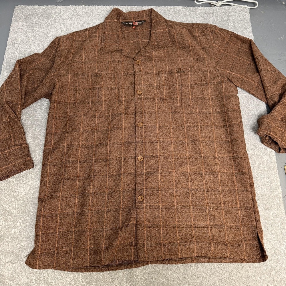Michael 88 Irvin Shirt Mens XL Brown Plaid Long Sleeve Rayon Wool Button Front